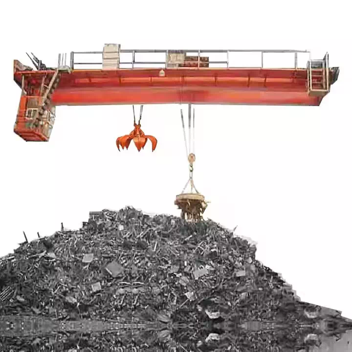 Double girder overhead crane with grab and magnet for versatile material handling